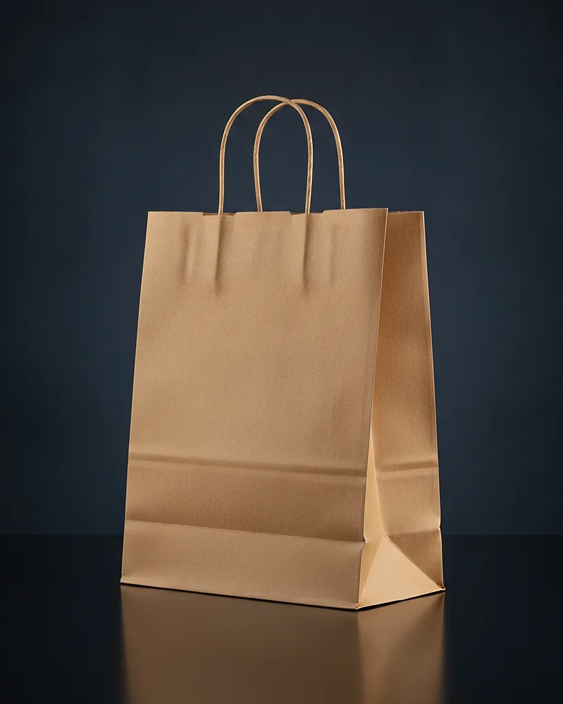 Custom bakery bag, grease resistant kraft, on a dark navy studio backdrop