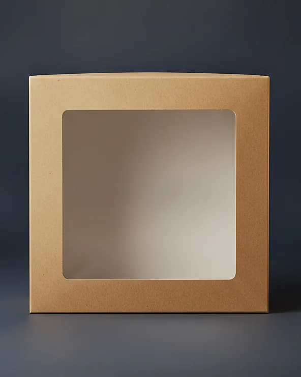 Custom bakery box with window, grease resistant SBS, on a dark navy studio backdrop