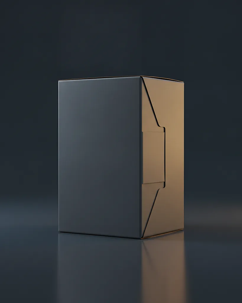 Custom beverage / can carrier box, food-grade SBS, die-cut handle, on a dark navy studio backdrop