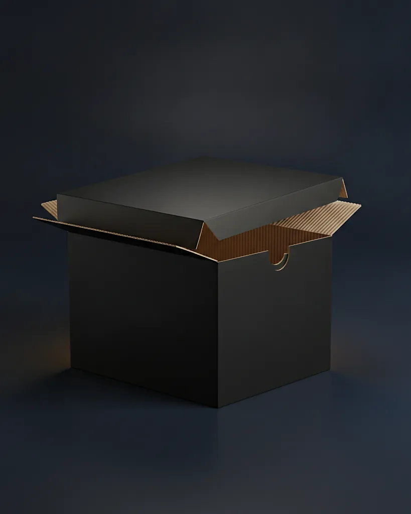 Custom black mailer box, E-flute, black top, white ink, on a dark navy studio backdrop