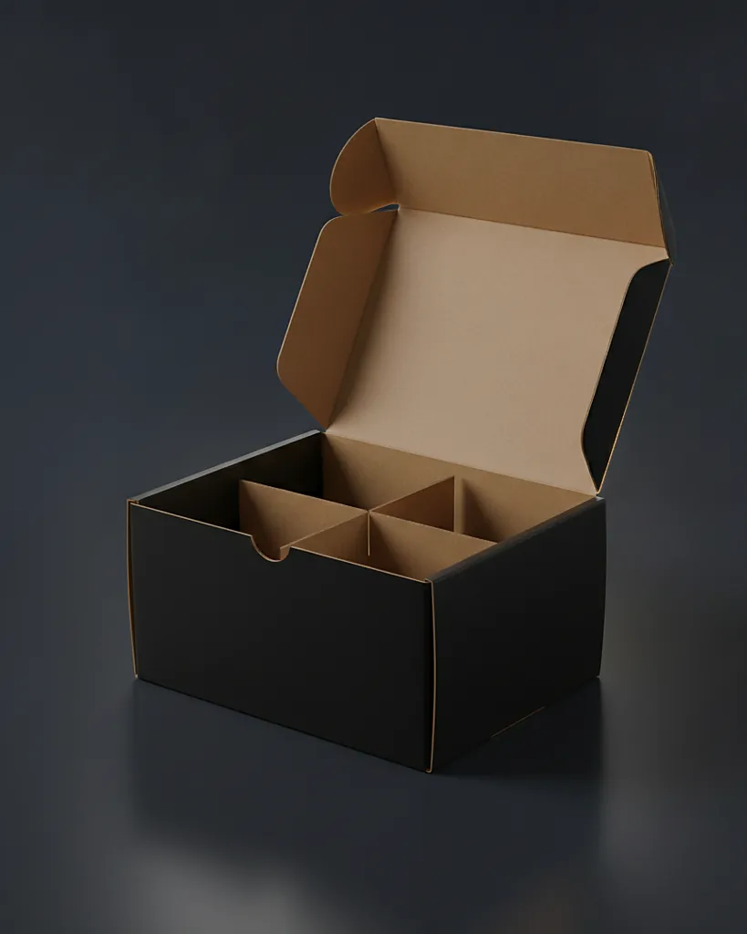 Custom black mailer box, close-up of the edge, surface texture and finish