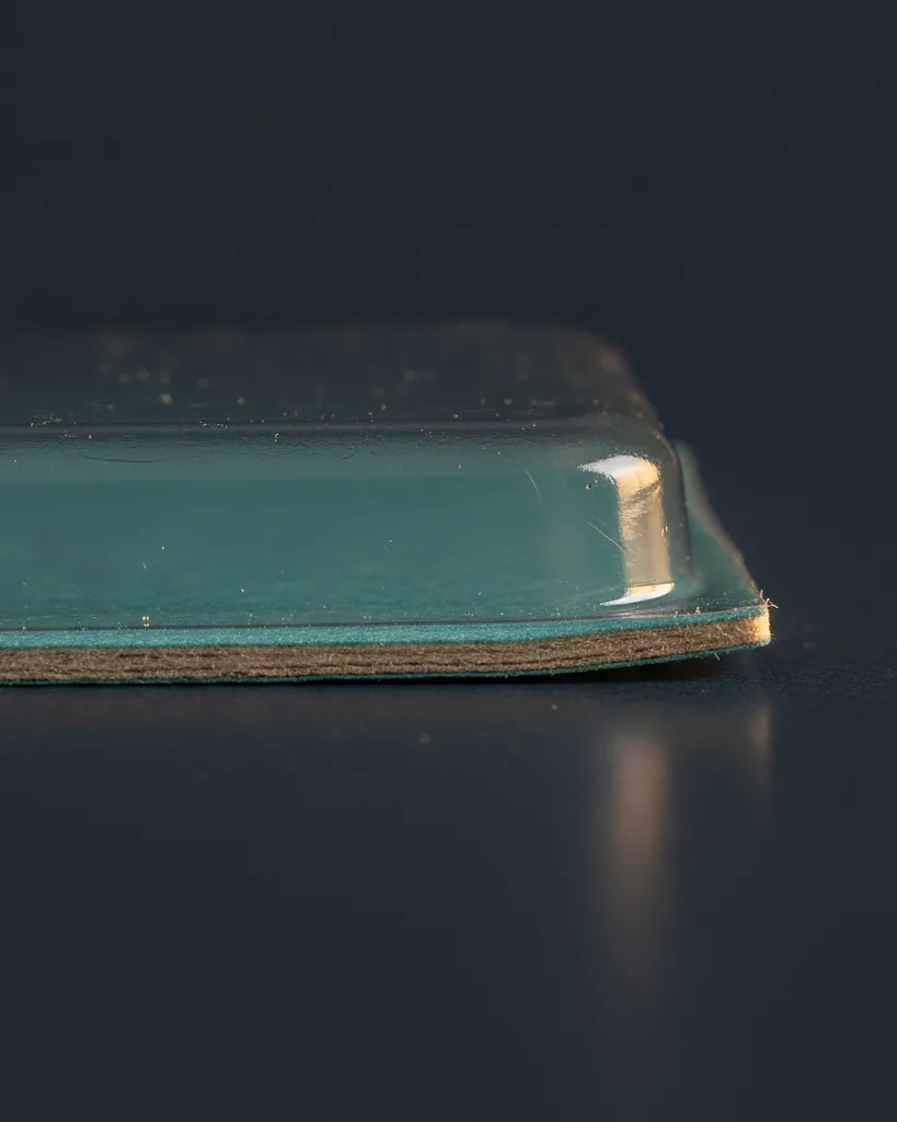 Custom blister card, close-up of the edge, surface texture and finish