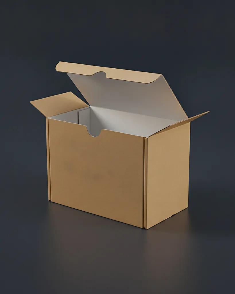 Custom book mailer box, E-flute wraparound, on a dark navy studio backdrop