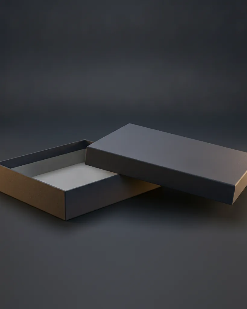 Custom book style box, 1200 gsm board, soft touch wrap, on a dark navy studio backdrop