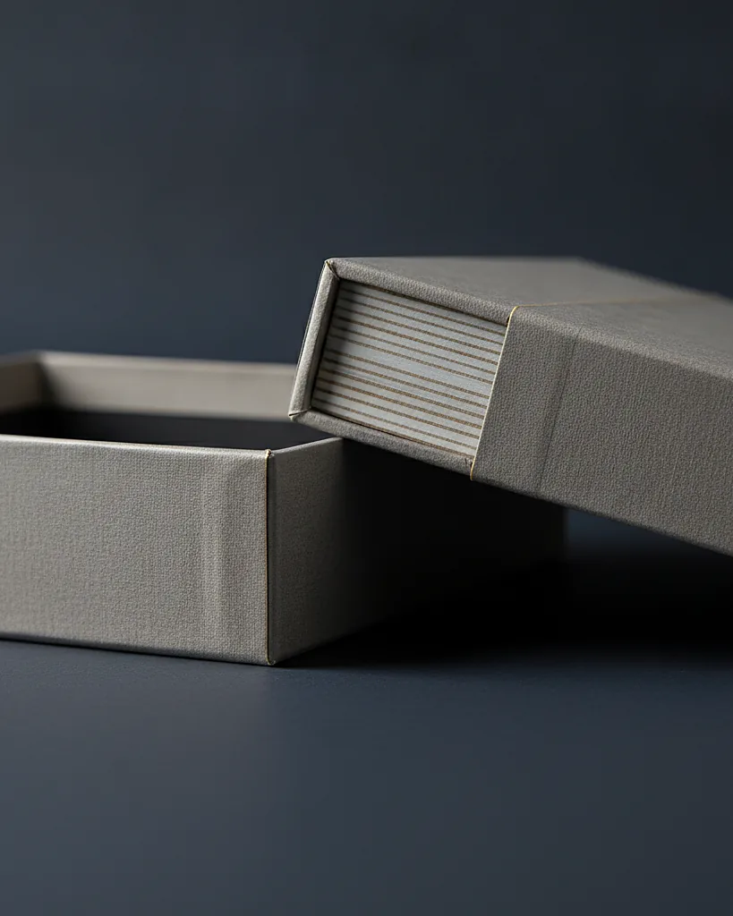 Custom book style box, close-up of the edge, surface texture and finish