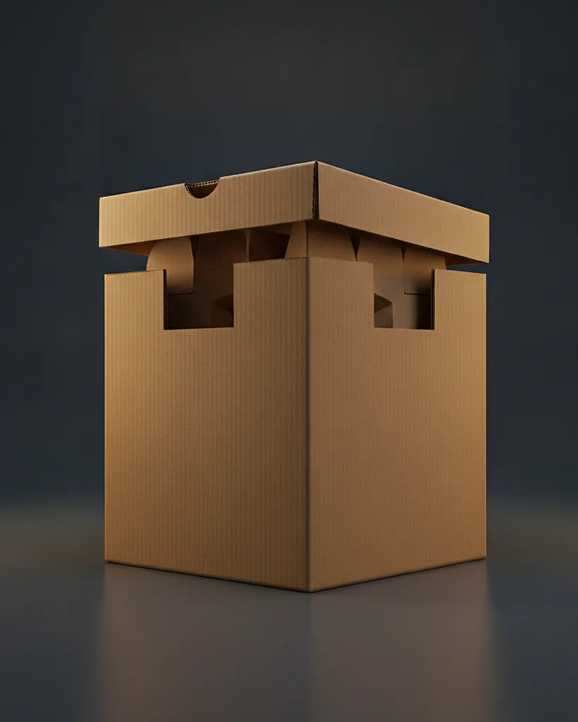 Custom bottle shipper box, B-flute with divider, on a dark navy studio backdrop