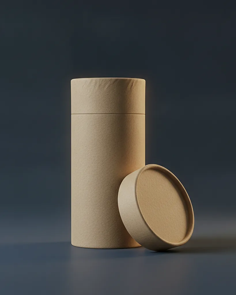 Custom candle tube, paperboard, rigid lid, on a dark navy studio backdrop