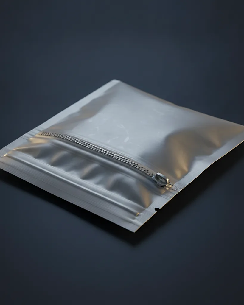 Custom child resistant mylar bag, close-up of the edge, surface texture and finish