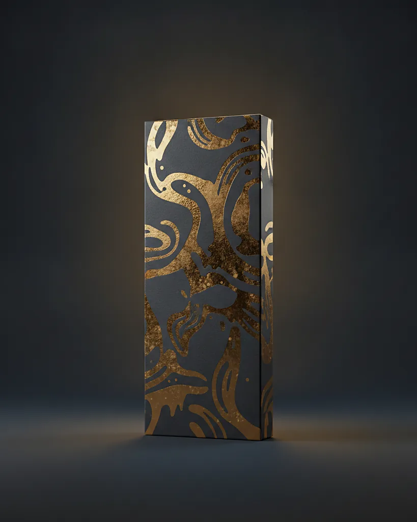 Custom chocolate bar carton, 16pt SBS, foil ready, on a dark navy studio backdrop