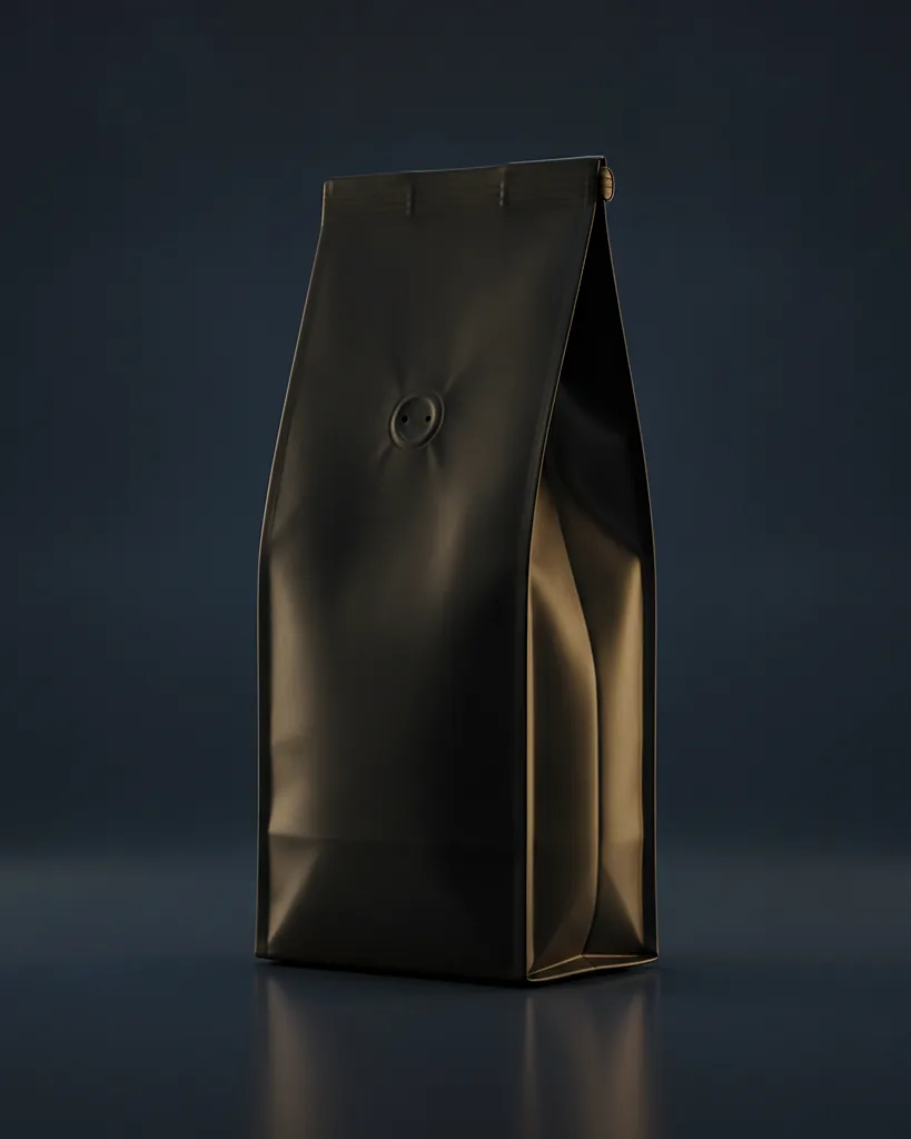 Custom coffee bag with valve, kraft or matte laminate, degassing valve, on a dark navy studio backdrop