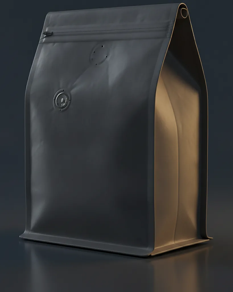 Custom coffee bag with valve, close-up of the edge, surface texture and finish