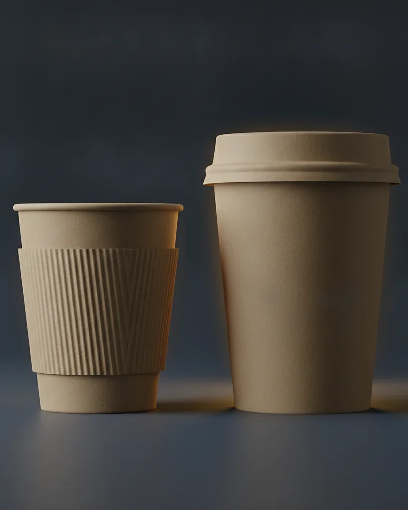 Custom coffee sleeve and cup carrier, kraft, on a dark navy studio backdrop