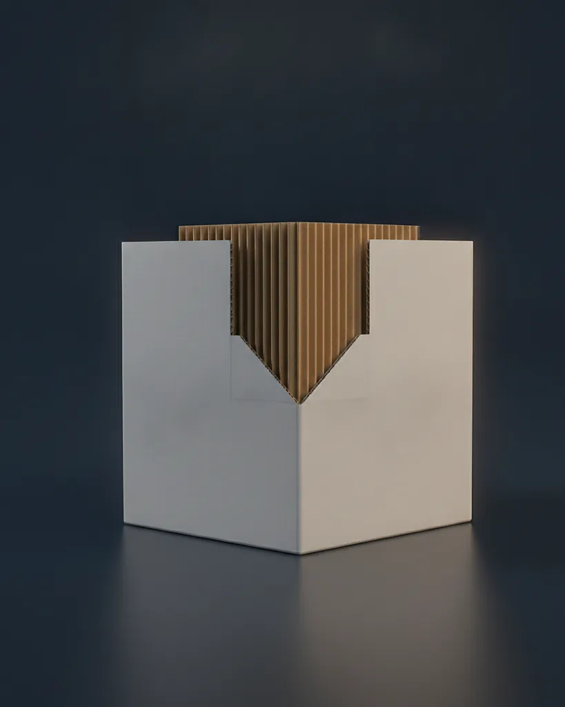 Custom corrugated insert, E-flute, on a dark navy studio backdrop