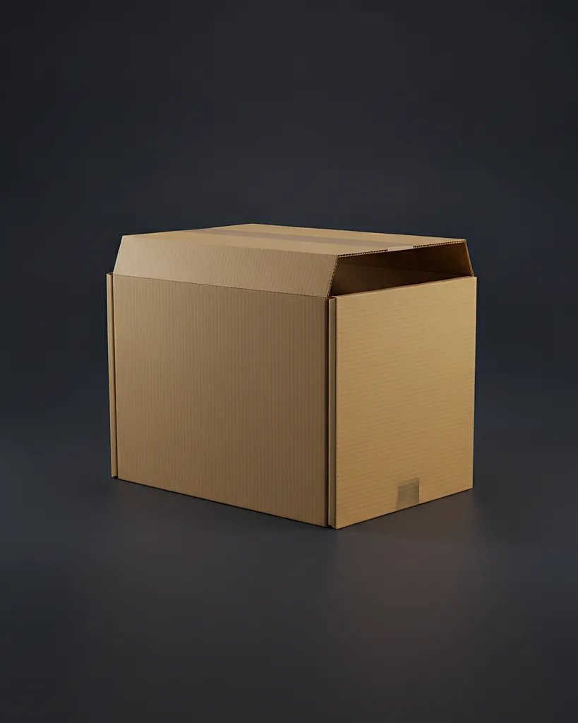 Custom corrugated shipping box, B-flute RSC, one color, on a dark navy studio backdrop