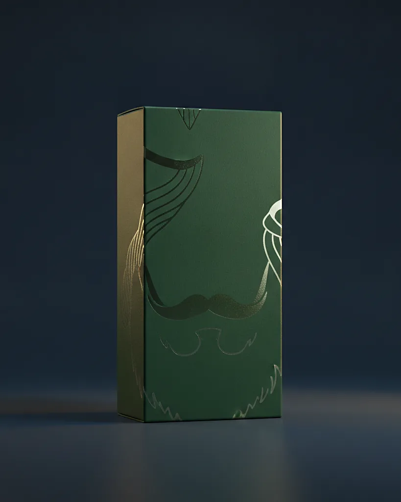 Custom beard oil carton, 18pt SBS paperboard, spot UV finish, dropper bottle insert slot, on a dark navy studio backdrop
