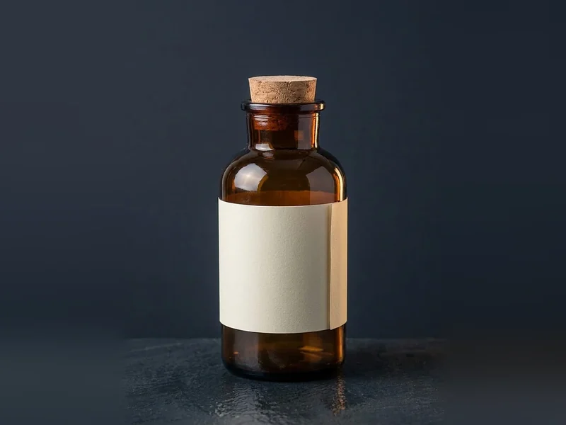 Custom bottle label, a cream paper wraparound label on an amber glass bottle with a cork stopper