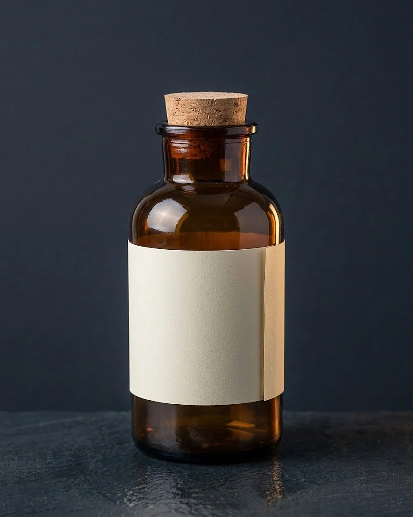 Custom bottle label, a cream paper wraparound label on an amber glass bottle with a cork stopper