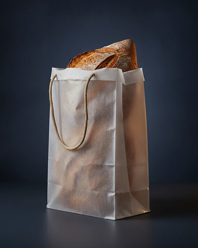 Custom bread bag, 1.5 mil poly or glassine paper, on a dark navy studio backdrop