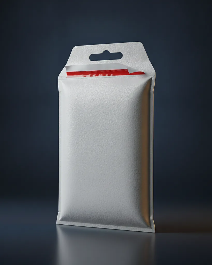 Custom bubble mailer, poly bubble mailer, self-seal, on a dark navy studio backdrop