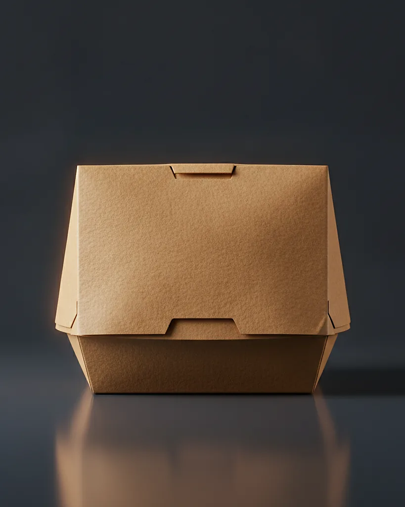 Custom burger box, grease-resistant kraft, clamshell hinge, on a dark navy studio backdrop