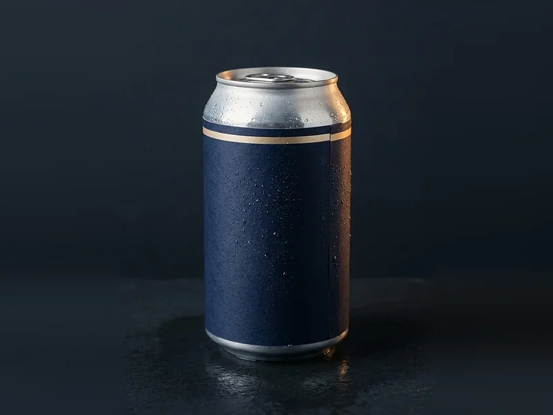 Custom can label, a full-wrap navy paper label with a gold band on a cold 12 oz aluminum can with condensation