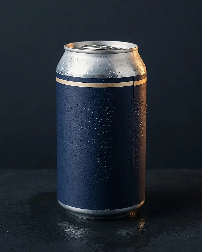 Custom can label, a full-wrap navy paper label with a gold band on a cold 12 oz aluminum can with condensation