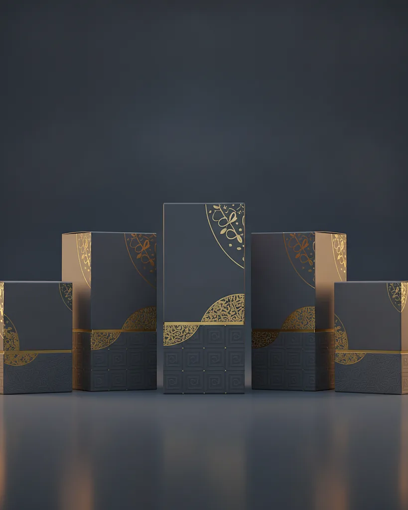 Custom candle boxes, 20pt SBS, on a dark navy studio backdrop