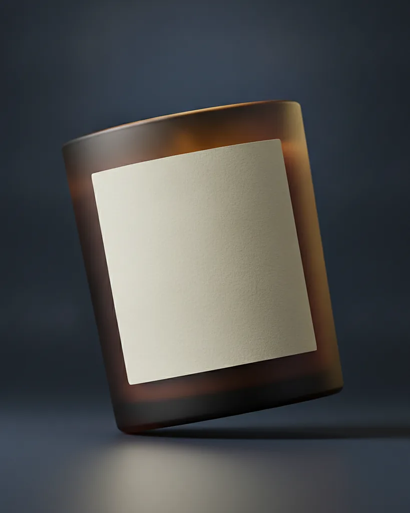 Custom candle label, matte art paper, heat-tolerant adhesive, on a dark navy studio backdrop