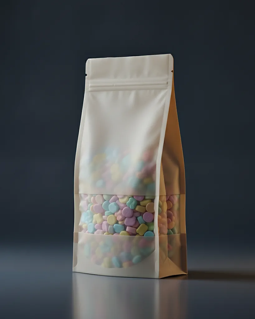 Custom candy bag, matte laminate, heat-seal or twist-tie, on a dark navy studio backdrop