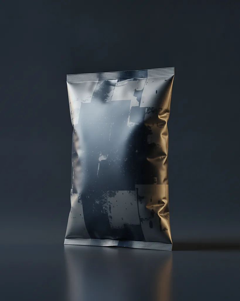 Custom chip bag, high-barrier laminate, stand-up gusset, on a dark navy studio backdrop