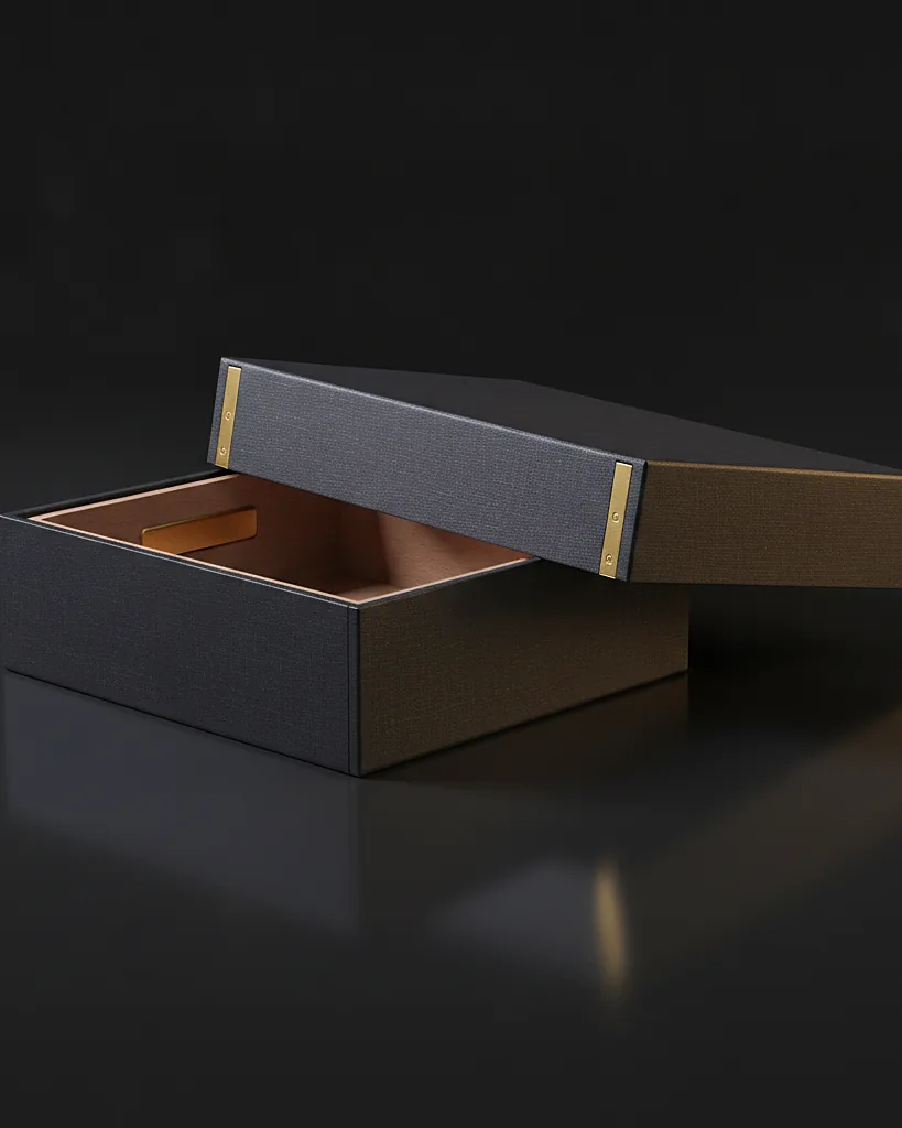 Custom cigar box, close-up of the edge, surface texture and finish
