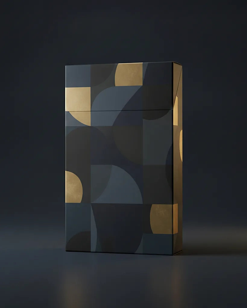 Custom cigarette-style box, 18pt SBS, hinged flip-top lid, on a dark navy studio backdrop