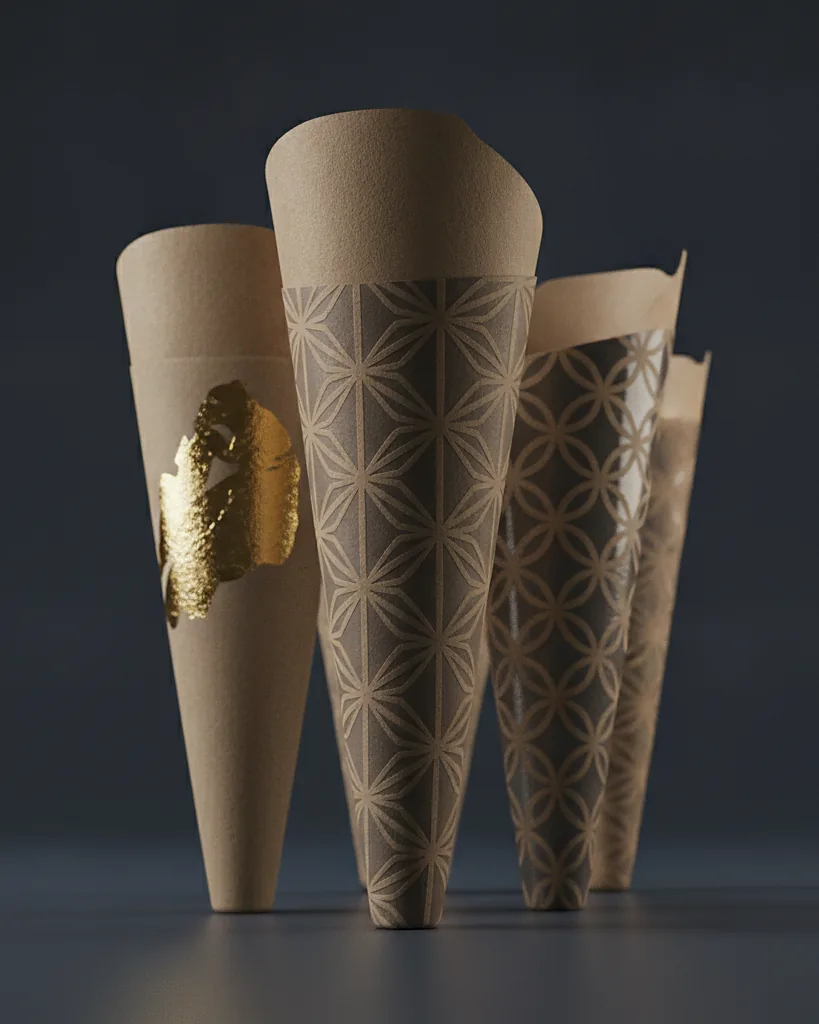 Custom cone sleeves, 18pt SBS, on a dark navy studio backdrop
