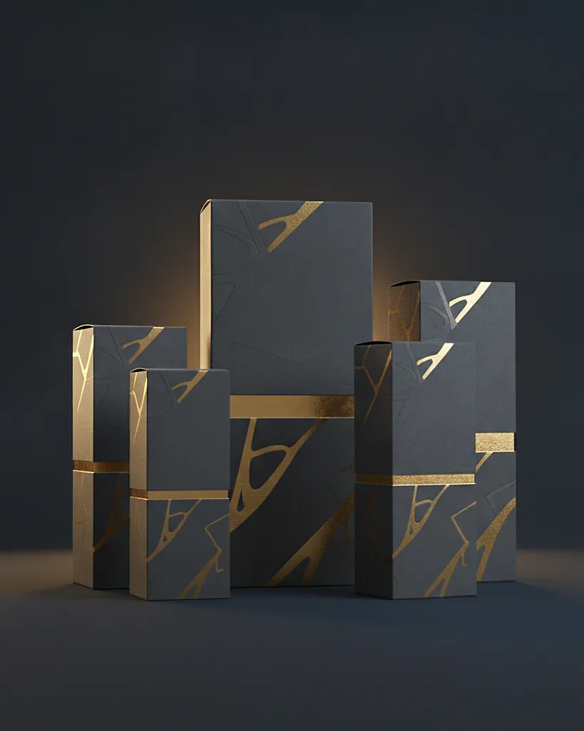 Custom cosmetic packaging boxes, 18pt SBS, soft touch, on a dark navy studio backdrop
