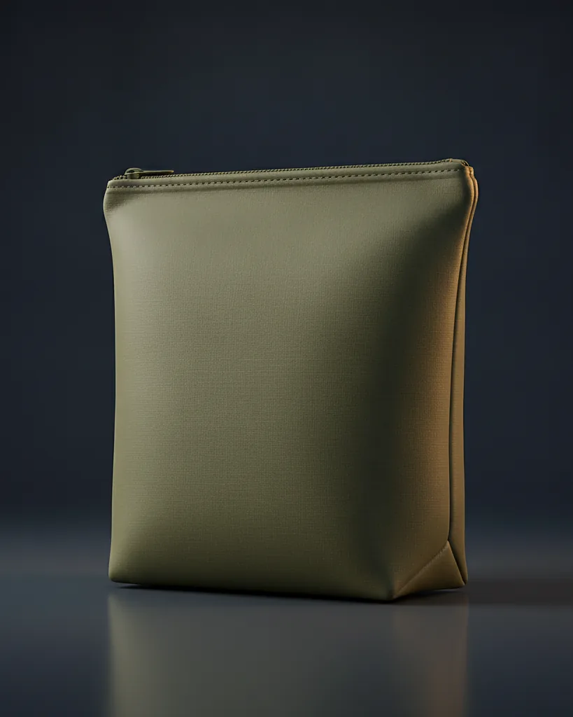 Custom cosmetic pouch, matte barrier laminate, zipper closure, on a dark navy studio backdrop