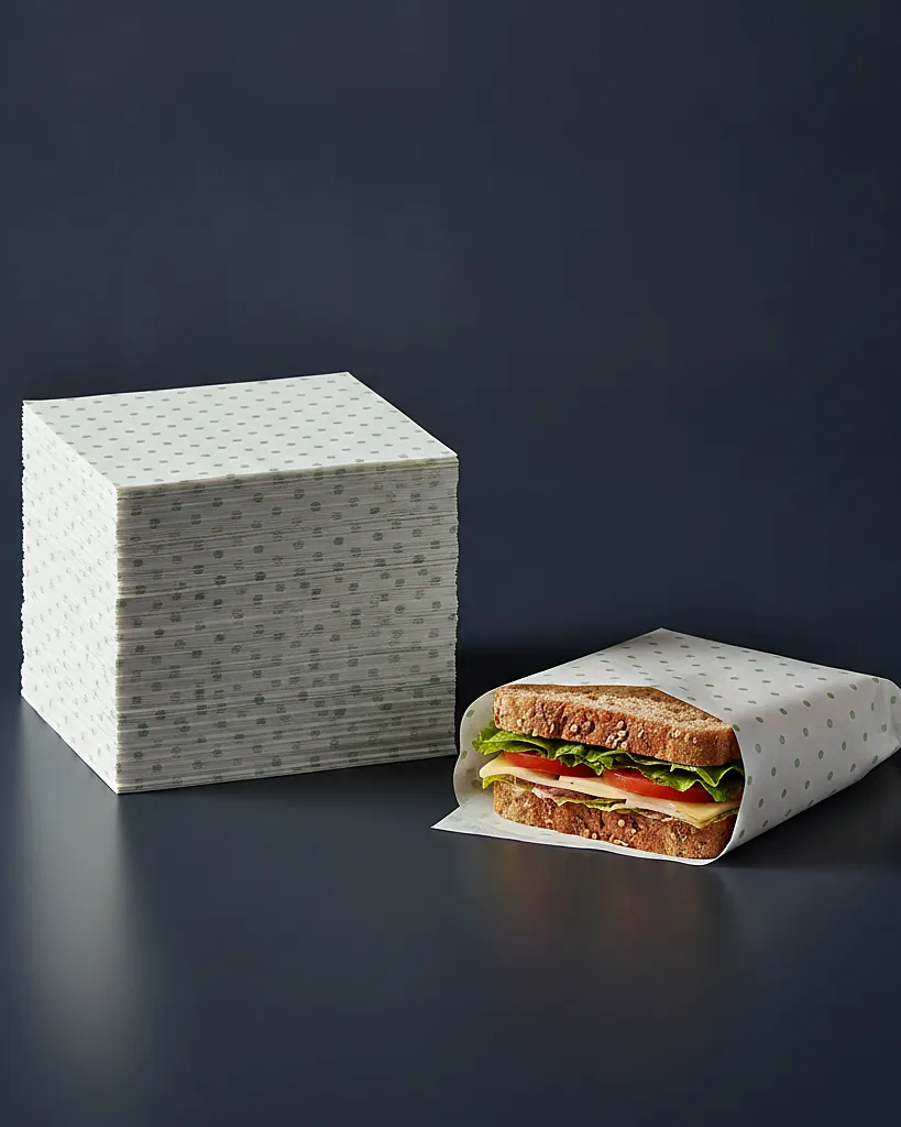 Custom deli / greaseproof paper, greaseproof MG paper, 1 or 2 color print, on a dark navy studio backdrop
