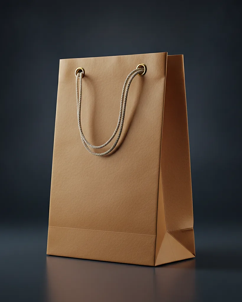 Custom kraft drawstring bag, kraft wrap, cotton cord drawstring closure, on a dark navy studio backdrop