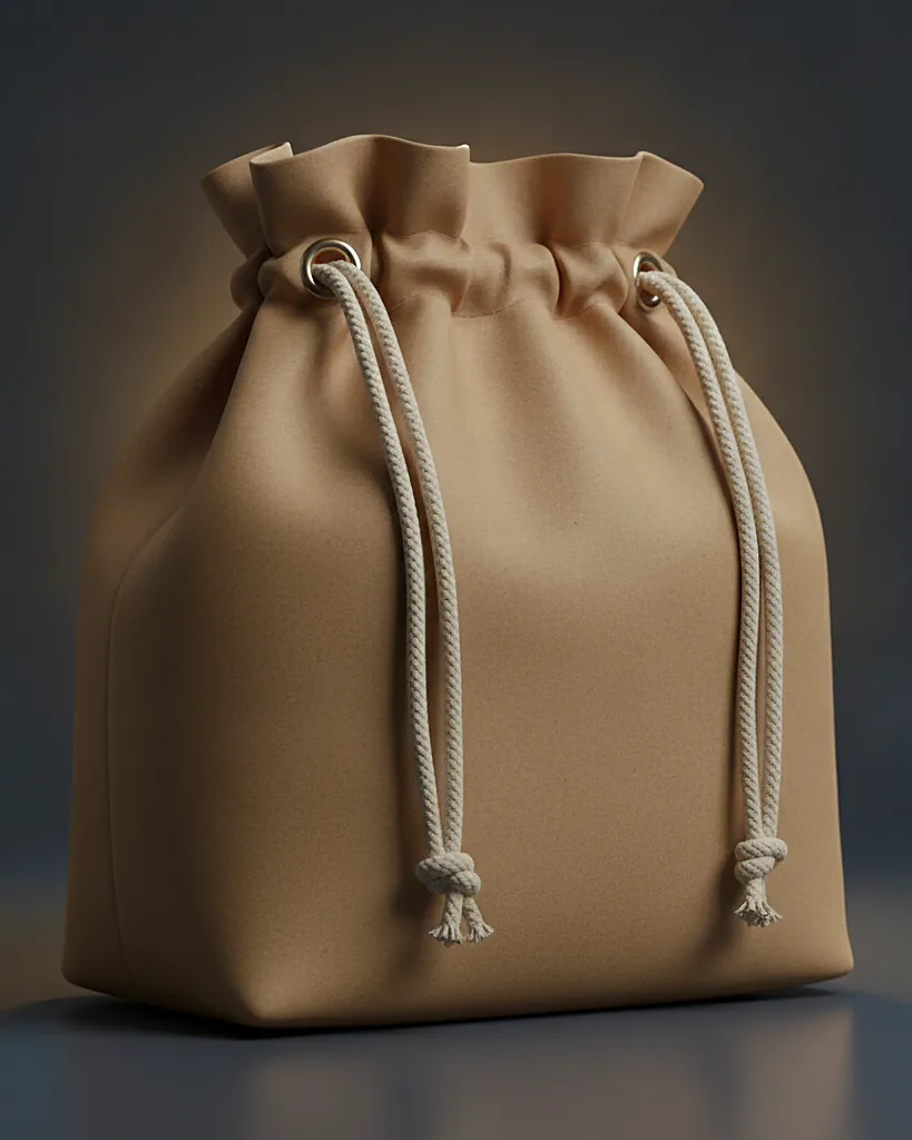 Custom kraft drawstring bag, close-up of the edge, surface texture and finish