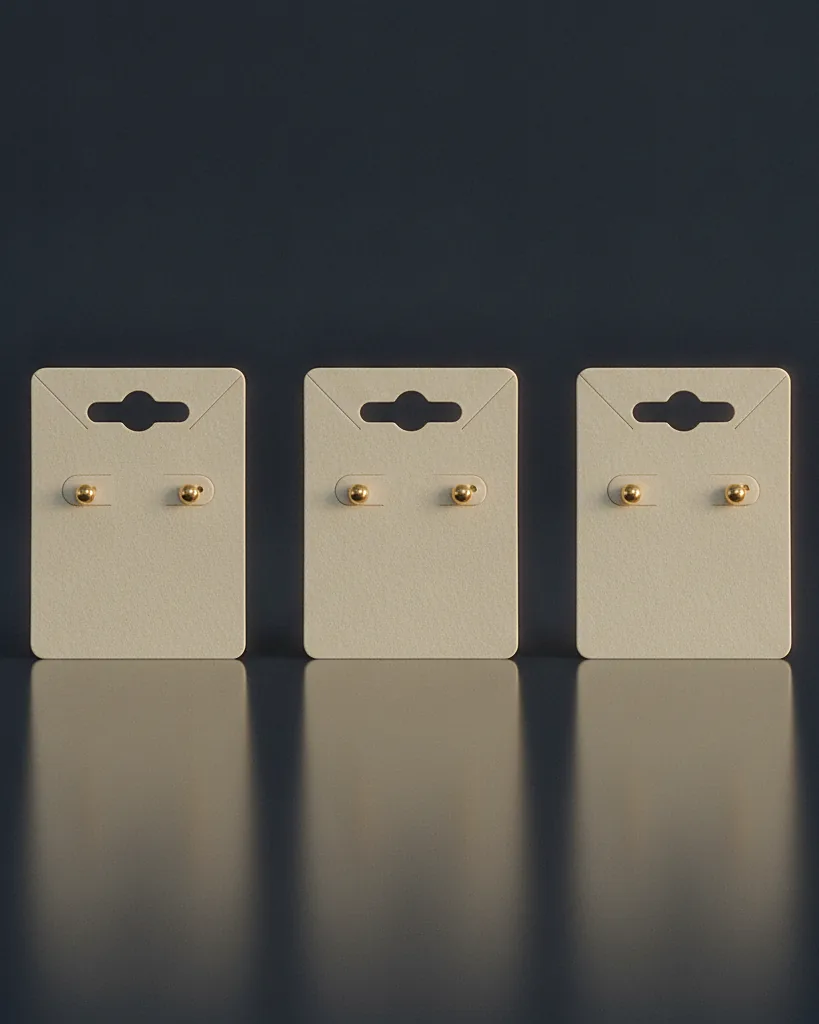 Custom earring card, 14 to 18pt card stock, die-cut slots, on a dark navy studio backdrop