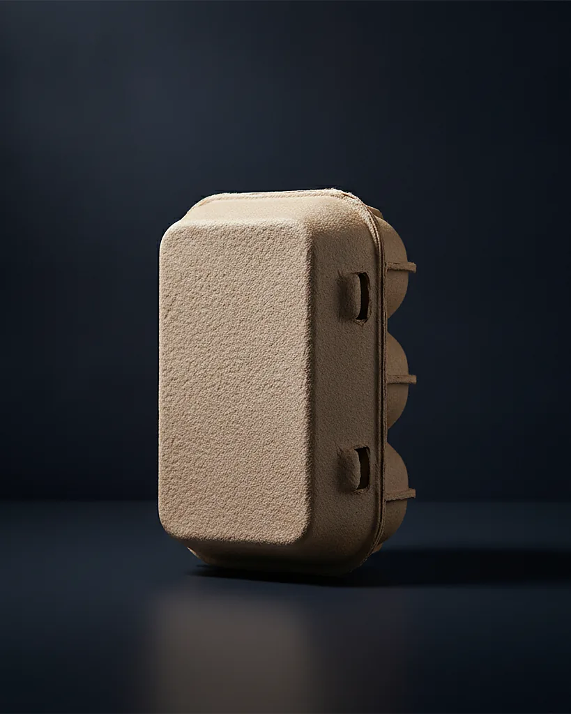 Custom egg carton, molded pulp or printed paperboard, on a dark navy studio backdrop
