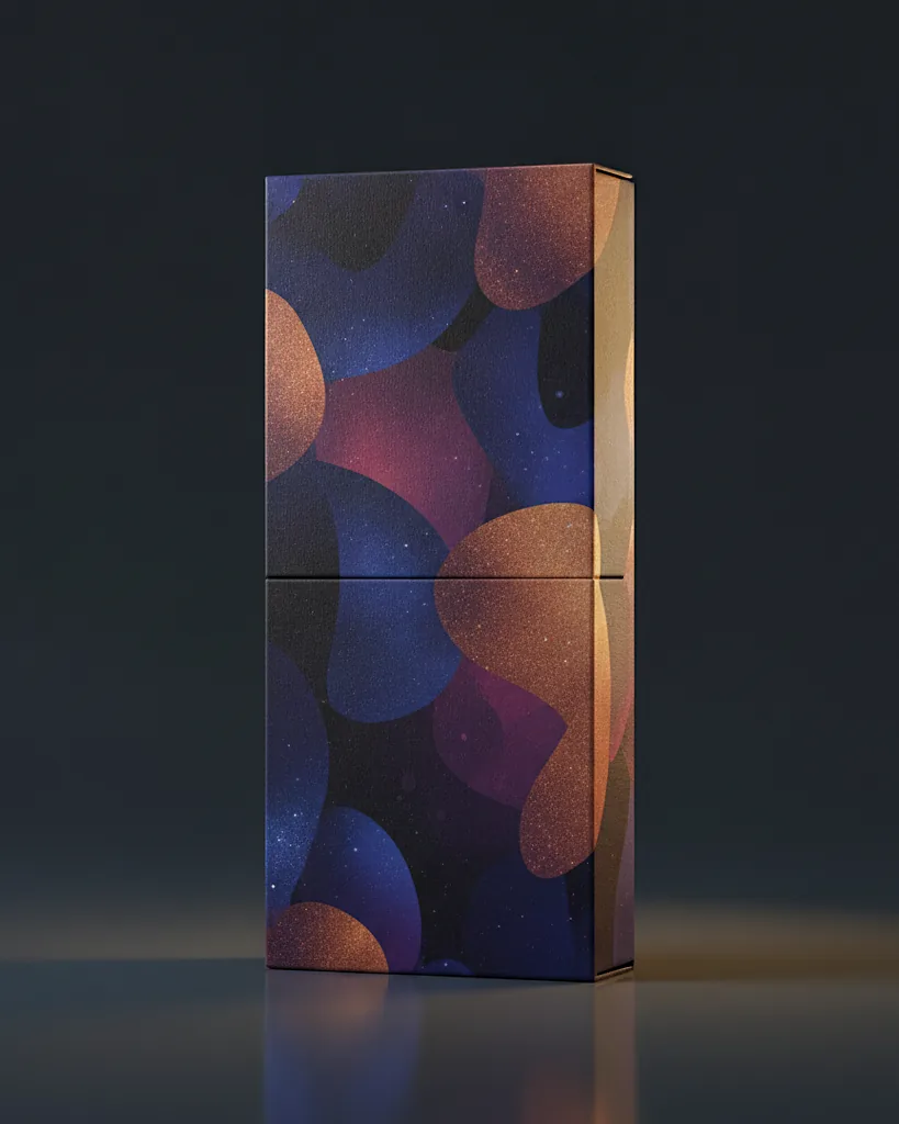 Custom eyeshadow box, 18pt SBS, palette-flat fit, on a dark navy studio backdrop