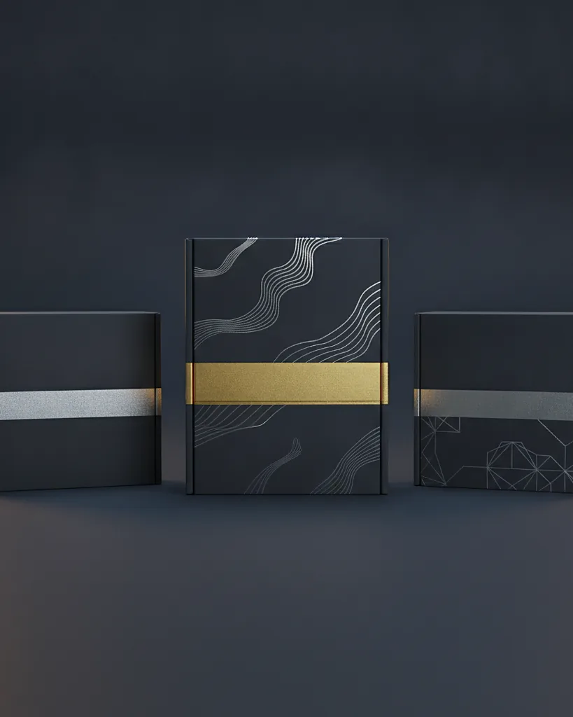 Custom flip top boxes, 18pt SBS, on a dark navy studio backdrop
