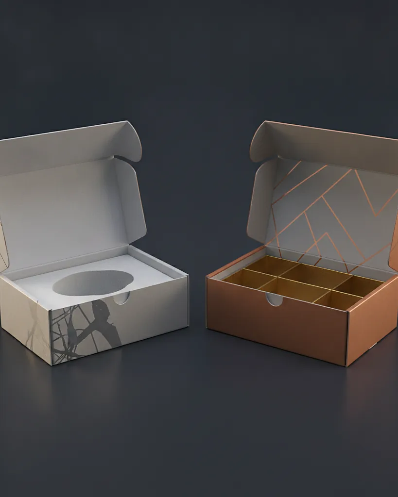 Custom flip top boxes, close-up of the edge, surface texture and finish