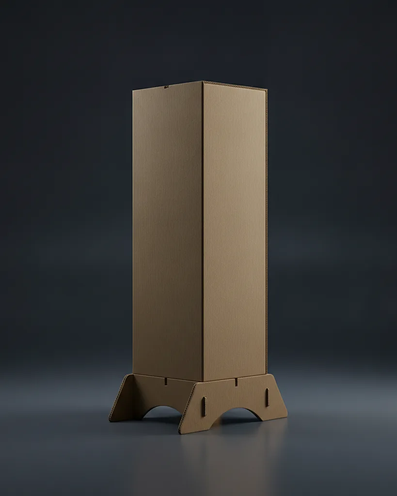 Custom floor display, B/BC-flute corrugated, braced base, on a dark navy studio backdrop