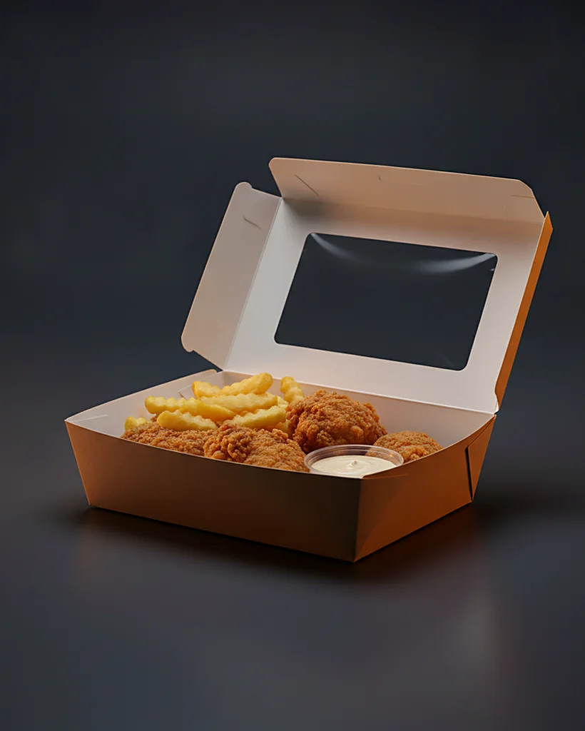 Custom food tray, grease-resistant SBS, open tray format, on a dark navy studio backdrop