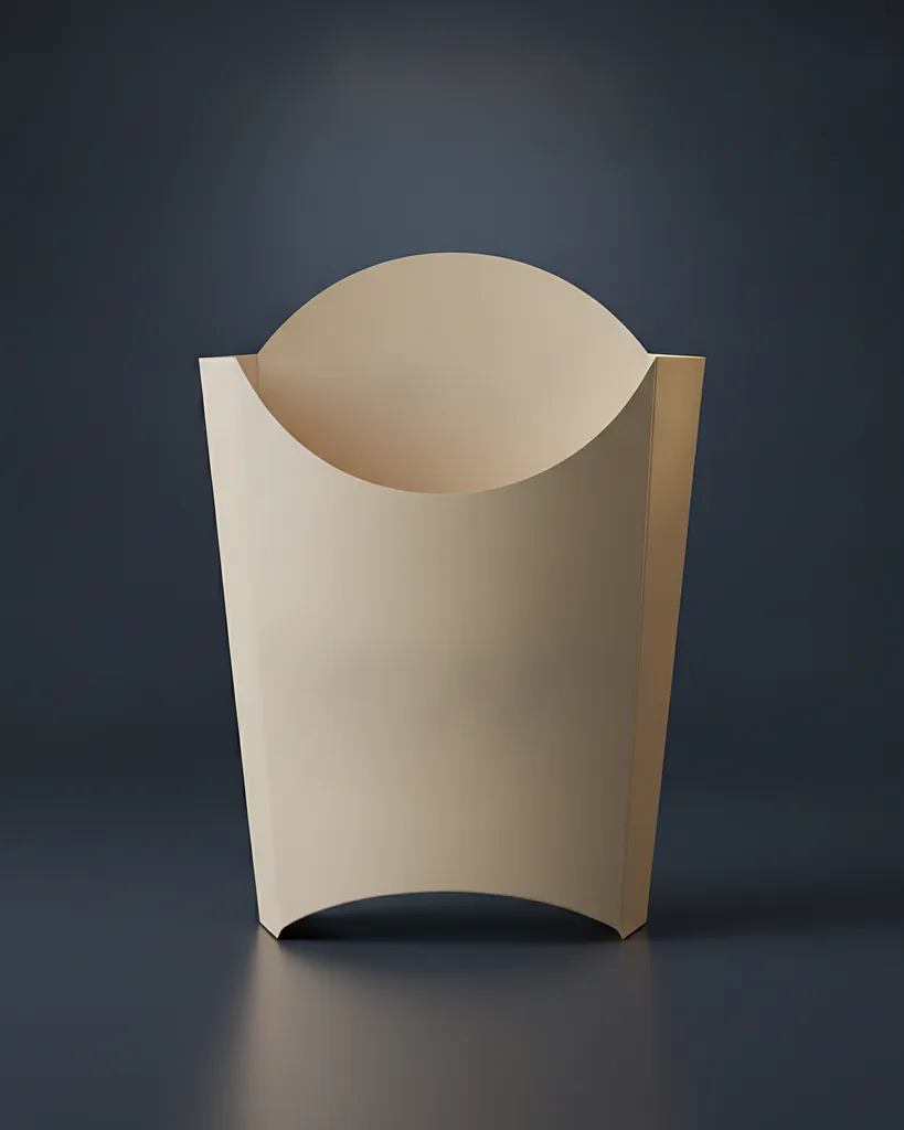 Custom French fry box, grease-resistant SBS, scoop shape, on a dark navy studio backdrop