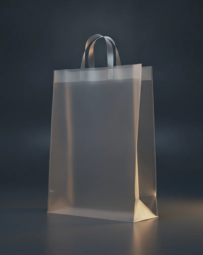 Custom garment bag, 1.5 mil poly, hook cutout, gusseted, on a dark navy studio backdrop