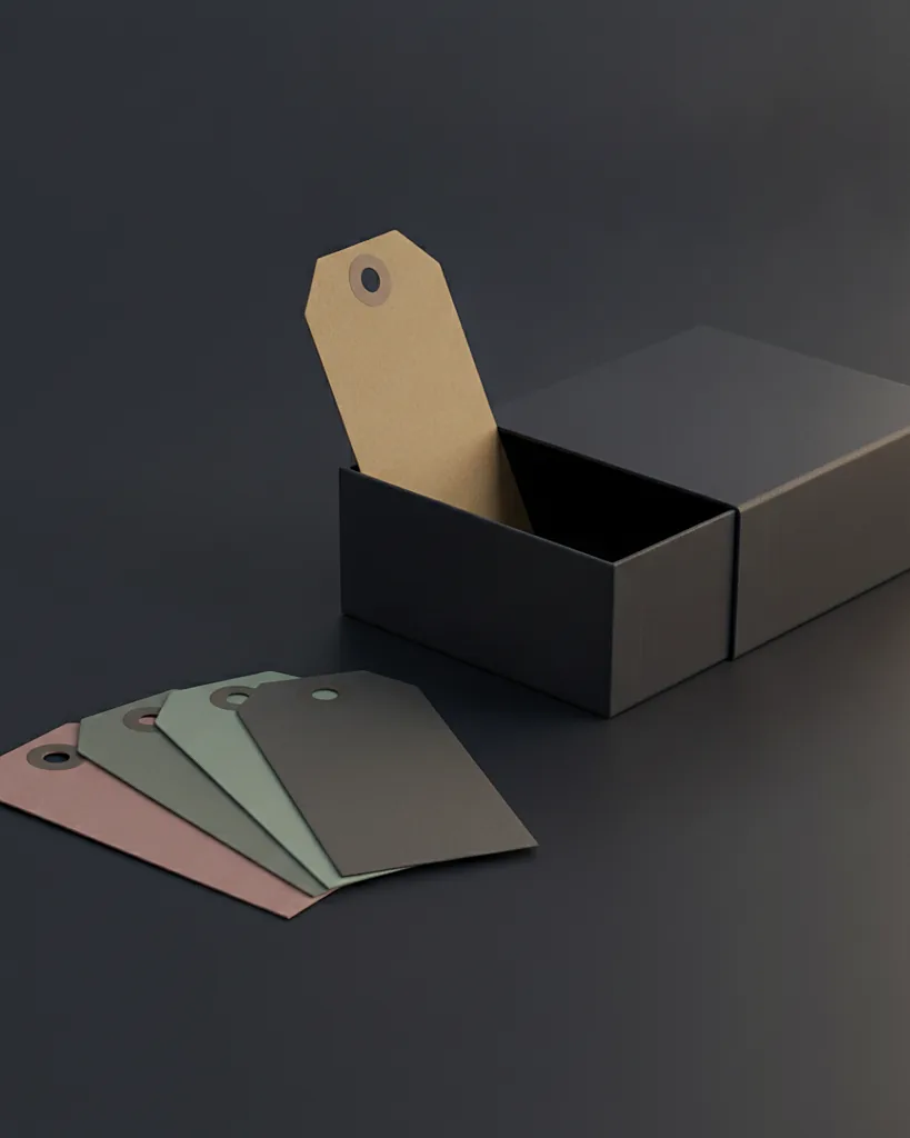 Custom gift tags, 300 gsm, foil option, on a dark navy studio backdrop
