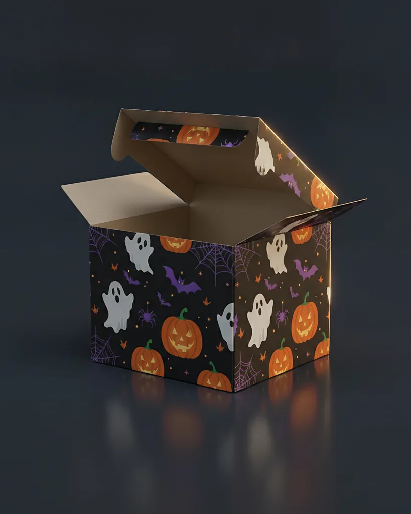 Custom Halloween box, E-flute corrugated, seasonal run, on a dark navy studio backdrop