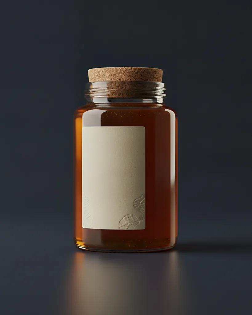 Custom honey label, matte art paper with gloss lamination, on a dark navy studio backdrop